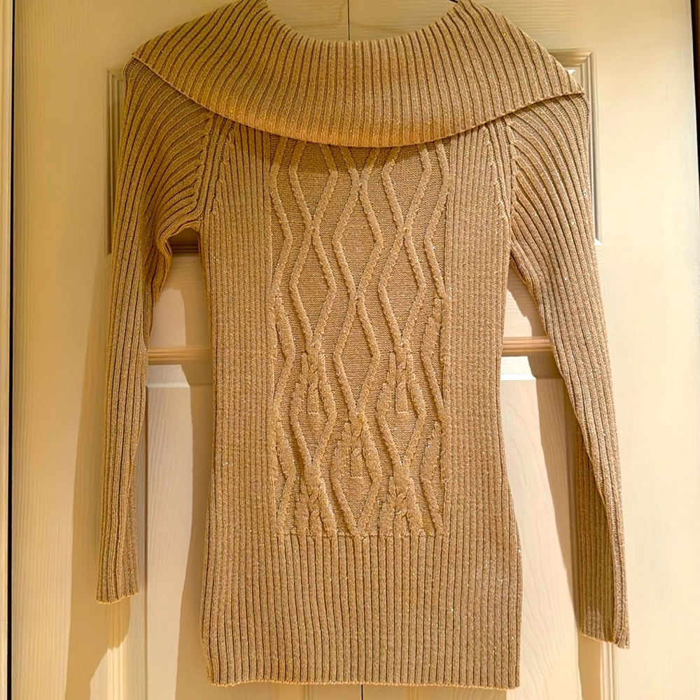 Woman’s cowl neck tunic sweater with gold flecks.